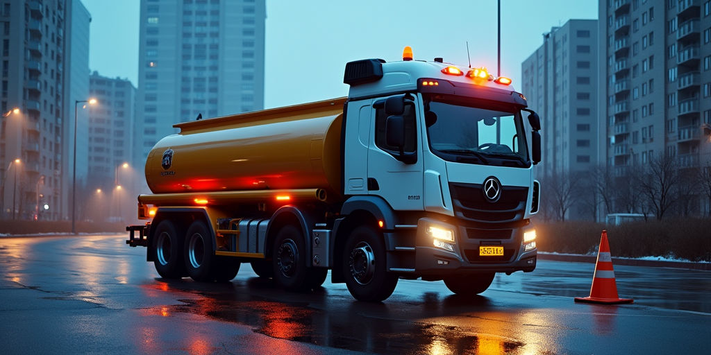 Мобильная автозаправочная станция (АЗС) на шасси автомобиля заправляет строительную технику на объекте в Петербурге